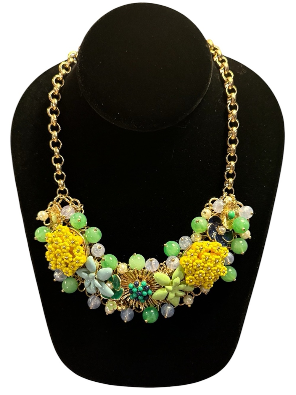 Talbots Gold Green Yellow Beaded Cluster Bib Necklace w/ Enamel Flowers